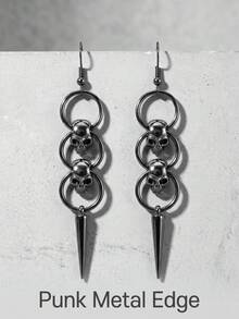 2pcs Gothic Personalized Skull Rivet Round Hoop Earrings, Suitable For Men And Women, Daily Wear, Party, Gathering - Silver - View 5