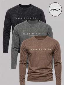 تي شيرتات رجالية 3 قطع مغسولة وممزقة بطباعة حروف WALK BY FAITH، أكمام طويلة، طبقة أساسية فضفاضة كاجوال بياقة دائرية بطراز فينتاج - متعدد الألوان - مشاهدة 1
