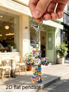 2D Flat Flower Cross Pattern Keychain, Cross Flower Keychain, Beautiful Fashionable Key Ring Wallet Handbag Decoration, Fashionable Flower Party Keychain, Novel Acrylic Design Key Ring Decoration, Durable And Lightweight, Suitable For Car Keychain, Phone Keychain, Backpack And Wallet Keychain Decoration - Can Be Used As Birthday Gift, Pet Lover Keychain Car Key Bag Pendant - Multicolor - View 2