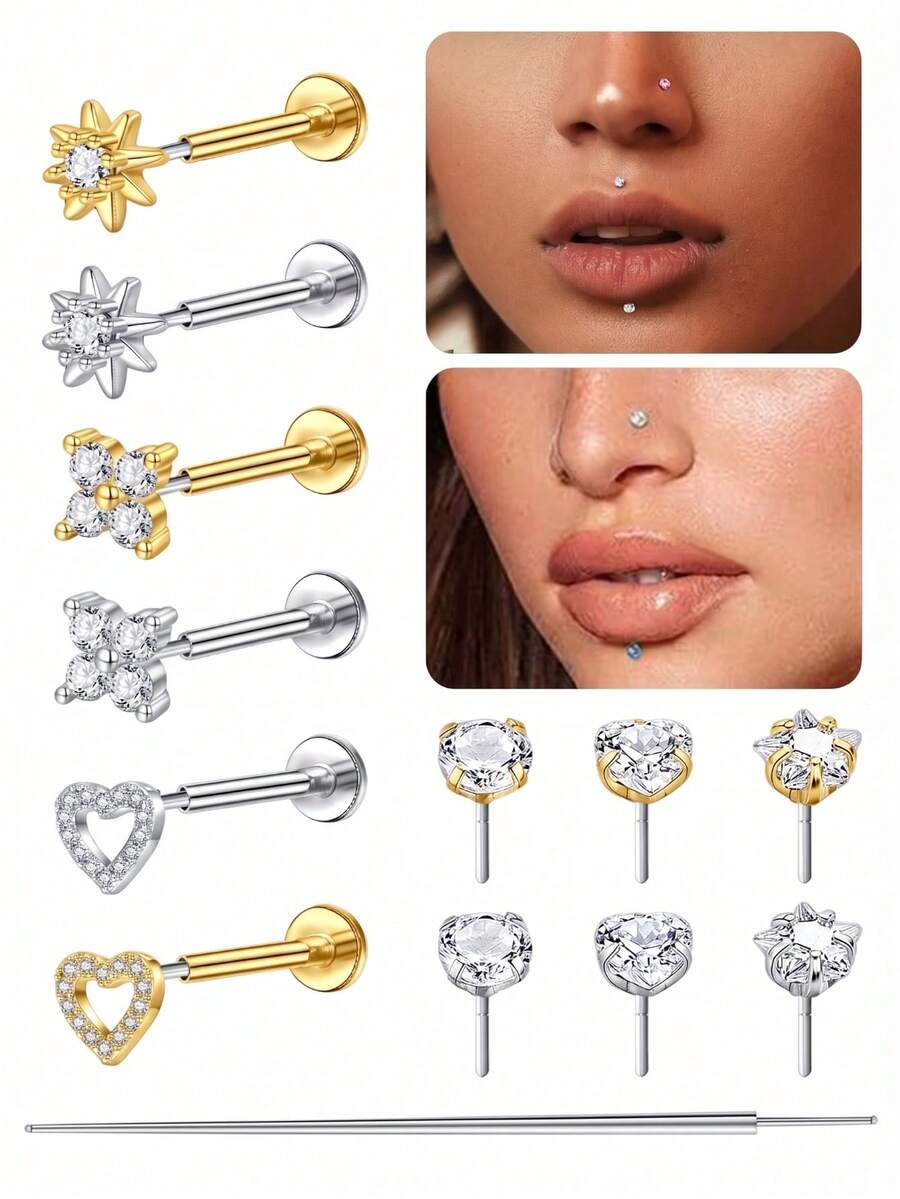 5pcs Fashion Stainless Steel Heart-Shaped Lip Studs For Women, Daily Decorative Use, 18G Lip Piercing Jewelry, Push-In Lip Studs, Cartilage Earrings, Ear Piercing Studs, Labret Piercing Jewelry - Multicolor - View 1