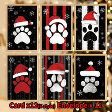 12pcs Christmas Paw Print Greeting Cards With Envelopes, Santa Hat Paw Print Patterns Holiday Note Cards, For Pet Lovers, Dog Cat Owners, Friends Family, Xmas Handwritten Wishes, Gift Inserts And Adult Festive Greeting Scenes - View 1
