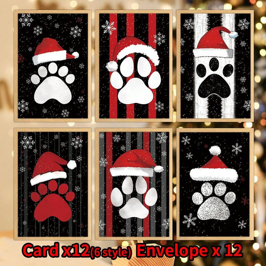 12pcs Christmas Paw Print Greeting Cards With Envelopes, Santa Hat Paw Print Patterns Holiday Note Cards, For Pet Lovers, Dog Cat Owners, Friends Family, Xmas Handwritten Wishes, Gift Inserts And Adult Festive Greeting Scenes - View 1