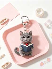 Cute Gray Kitten Reading Pattern Keychain, Party Pendant, Multi-Functional Keychain Decoration, Phone Pendant, Backpack Pendant, Key Pendant, Car Pendant, Party Fashion Accessory, Interesting 2D Acrylic Accessory, Suitable For Backpack, Bag, Car Key Pendant And Daily Use, Great Choice For Couple Gifts, Party Supplies - Multicolor - View 4