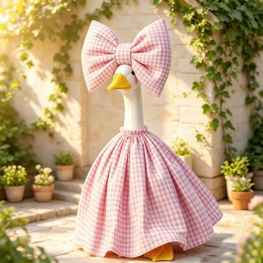 23 In Spring Porch Goose Outfit Pink Plaid Dress Oversized Bow Headpiece - Pink - View 1