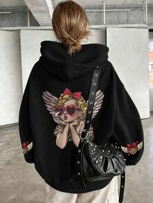 Women's Black Loose Sweatshirt, Cute Print, Drawstring Design, Regular Long Sleeve, Medium Stretch Knit Pullover, Suitable For Autumn Streetwear, Comfortable And Slimming, Versatile For Daily Wear And Outings, Vintage Distressed Style, Flattering For All Body Types, Casual Pullover Sweatshirt For All Seasons - Black - View 1