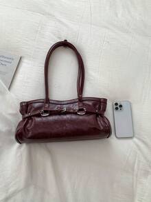 Modische hochwertige weinrote PU-Material Damen Schultertasche, hochwertige exquisite Hardware Schlaufe mit dekorativer Schultertasche/Pendler-Tasche - Bordeaux - Übersicht 7