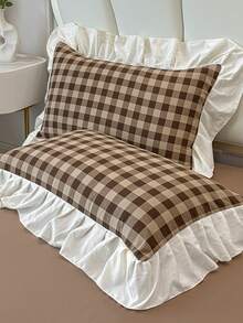 Brown Plaid Print Ruffle Edge Duvet Cover 4-Piece Set, Soft And Comfortable Bedroom Bedding Set Including 1 Duvet Cover, 1 Bed Sheet, 2 Pillowcases, No Filling, Suitable For Bedroom, Dorm, Home Use, Multiple Size Options, Back To School Dorm Decor, College Decor - Brown - View 8