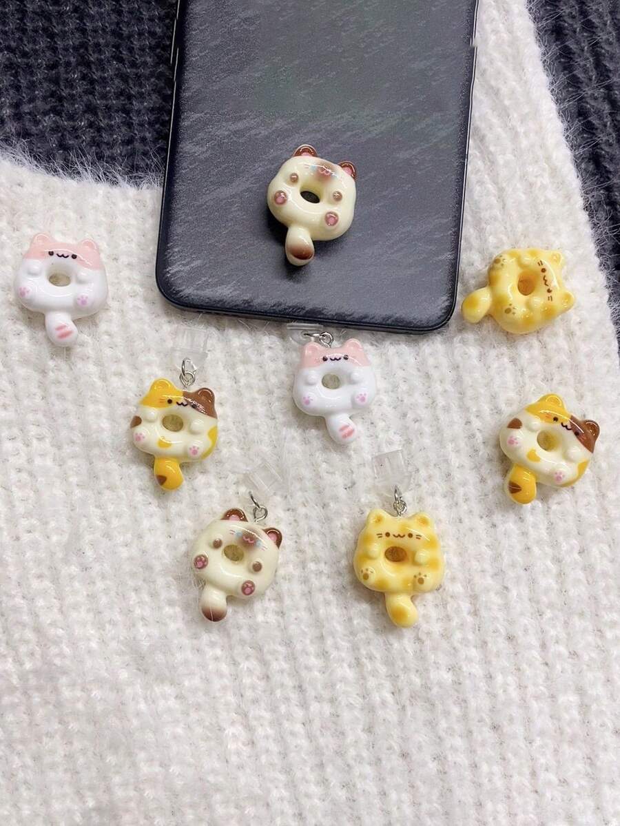 Cute Cat Donut Shaped Phone Dust Plug Pendant, Japanese Style Cute 3D Cartoon Cat Pendant Dust Plug, Cute Resin Animal Decorative Phone Interface Accessory, Portable Decorative Phone Accessory, Suitable For Universal Smartphones, Sweet Style Bag Charm Gift, Suitable For Girls - Multicolor - View 1