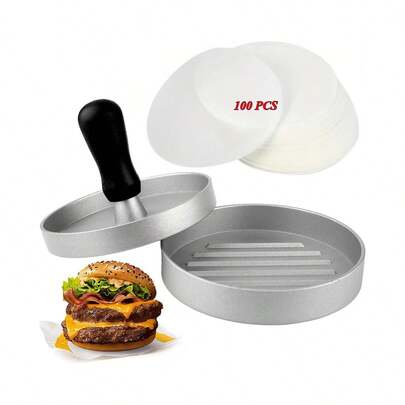 Burgerpresse aus Aluminiumguss mit Antihaftbeschichtung, 12 cm Durchmesser, inklusive 100 Backpapieren, manueller Patty-Maker zum Grillen, BBQ und Kochen zu Hause