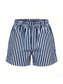Women Two-Piece Outfits - White T-shirt + Blue Striped Shorts - View 3