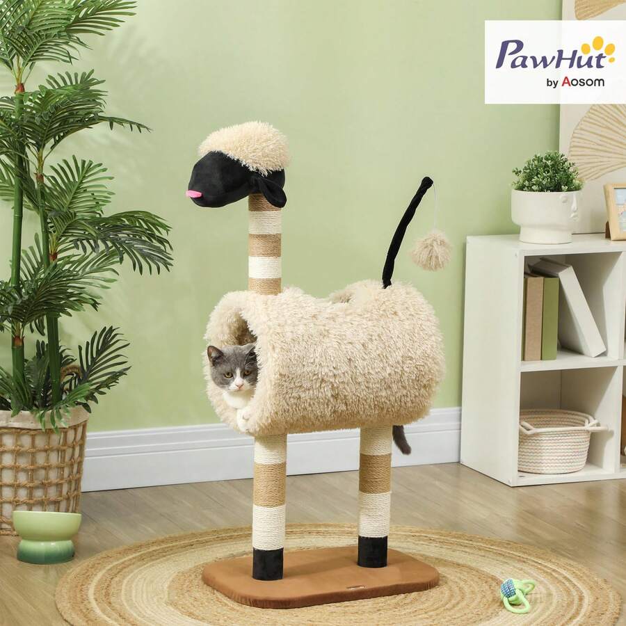 PawHut Sheep-Design Cat Scratching Post For Cats Up To 5 Kg, 98 Cm Tunnel, Light Brown | Cat Tower, Scratching Post, Play Ball, Multi-Level Cat Scratching Tree, Climbing Tree - Brown - View 1