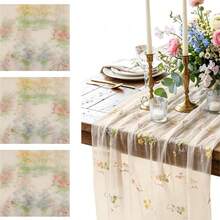 3pcs Champagne Floral Table Runner 10ft, Embroidered Tulle Spring Wildflowers And Autumn Decor, Suitable For Wedding, Party, Baby Shower, Birthday Party, Kitchen Dining Table, Outdoor Picnic - Yellow Wildflower Embroidery - View 4