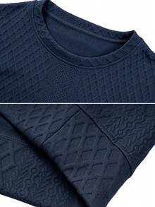 1Set Men's Autumn Diamond Jacquard Crew Neck Sweatshirt Set Drawstring Wide Leg Pants Two Pieces Outfit Loungewear Urban Commute Casual Tracksuit - Navy Blue - View 3