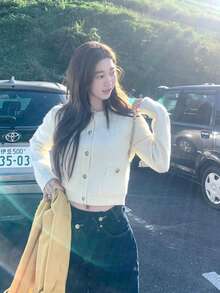 1pc Solid Color Diamond Grid Knit Button Fake Pocket Women's Cardigan Sweater, College Office Home Daily Wear, Autumn/Winter - Champagne - View 4