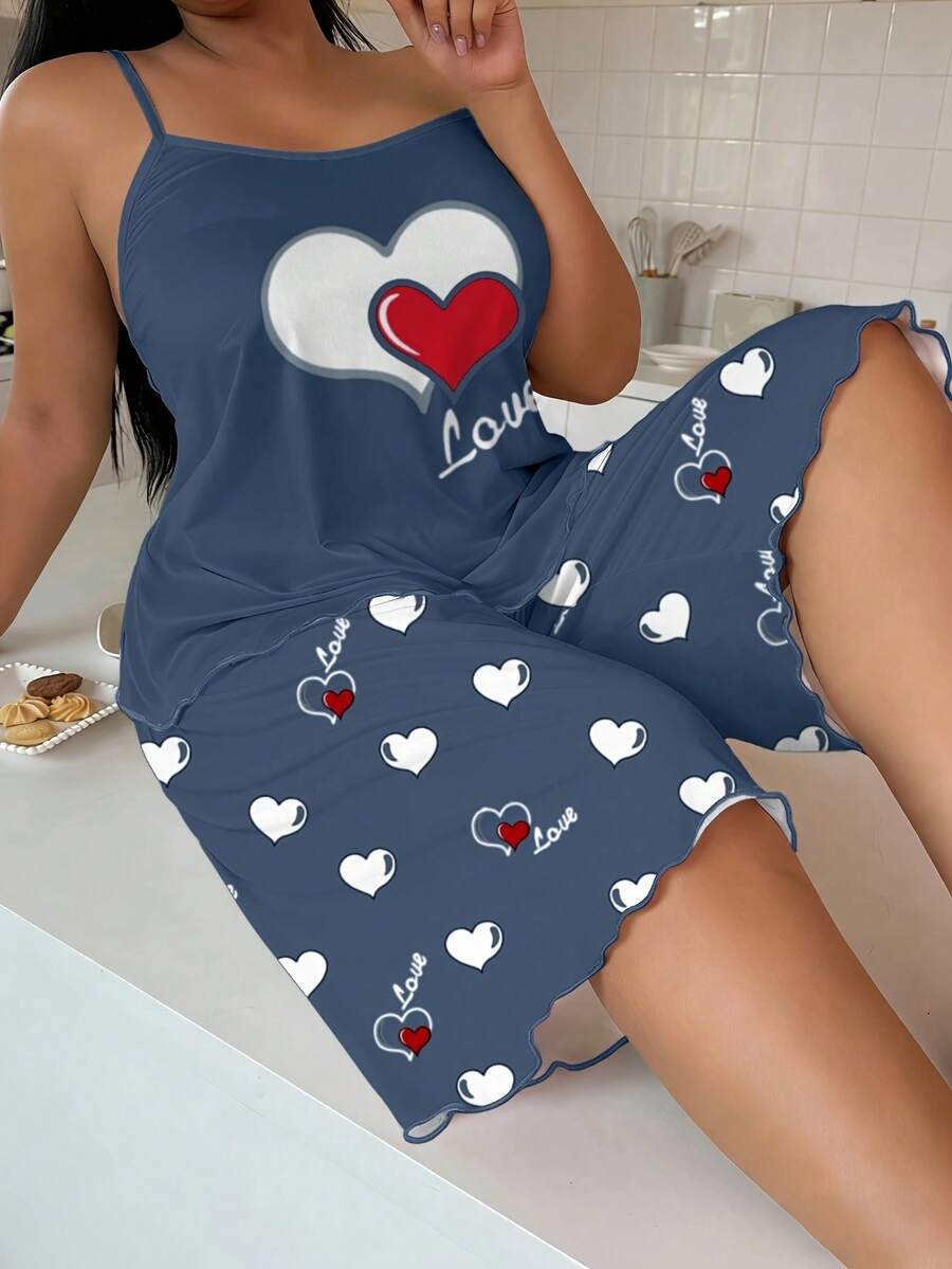 大尺碼女款愛心 LOVE 印花細肩帶背心與七分褲睡衣套裝,夏季寬鬆休閒居家服 - 彩色 - 查看 1
