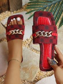 Teen Girls New Elegant Fashion Embroidered Floral Burgundy Summer Slides, Metal Rhinestone Chain Crocodile Embossed Square Toe Premium Versatile Outdoor Slippers - Red - View 7