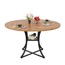 Round Dining Table 100 Cm For 4–6 People, Walnut-Look MDF Tabletop, Stable Black Metal Base With X Design, Integrated Storage Surface, Kitchen Table For Dining Room And Living Room. - 自然色 - 查看 1