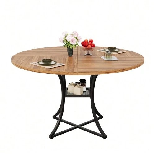 Round Dining Table 100 Cm For 4–6 People, Walnut-Look MDF Tabletop, Stable Black Metal Base With X Design, Integrated Storage Surface, Kitchen Table For Dining Room And Living Room. - 自然色 - 查看 1