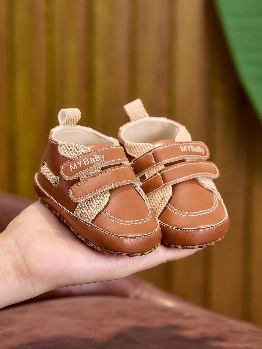 Spring/Autumn Vintage Brown Patchwork Infant Walking Shoes, Double Hook & Loop Soft Sole Casual Sneakers, Pre-Walker Shoes For 0-12 Months - Brown - View 1