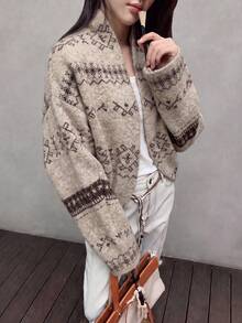 Women's New Autumn Designer Style Vintage Floral Pattern Cardigan Sweater - Khaki - View 4