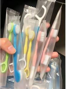 50pcs Macaron Color 3-In-1 Mini Travel Toothbrush Set - Disposable Toothbrush With Floss Pick (4 Flavors/Individually Wrapped) Back To School Edition, Dental Floss - Multicolor - View 7