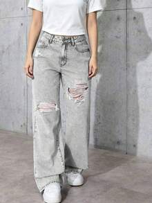 Teen Girls Distressed Denim Jeans Comfortable Versatile Jeans - Light Grey - View 3