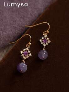 1 Pair French Vintage Hollow Geometric Purple Rhinestone Earrings Suitable For Women's Party And Ball - Purple - View 1