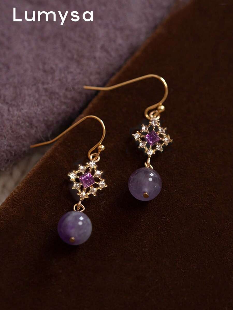 1 Pair French Vintage Hollow Geometric Purple Rhinestone Earrings Suitable For Women's Party And Ball - Purple - View 1