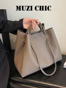 Women's Litchi Texture Soft Leather Drawstring Tote Bag, Large Capacity Shoulder Bag, Minimalist Versatile Commuter Handbag For Office And Daily Wear - Grey - View 7