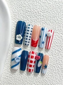 10片裝美式復古手工穿戴甲，Polygel美甲套組，鈕扣花朵設計，藍色指甲油，美式極簡風，附美甲工具，3種尺寸可選，杏仁/鴨嘴/棺材形，適合派對、跳舞、日常佩戴 - 彩色 - 查看 20