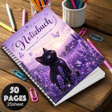 1PC A5 German Curious Mind Happy Life Black Cat Spiral Notebook, 50 Pages/25 Sheets, Purple Lavender Journal For Daily Writing, School Notes, Doodling And Cat Lover Gifts - A5 - View 4