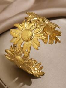 1pc Stainless Steel Fashionable Exaggerated Chunky Sunflower Bracelet Suitable For Women's Daily Wear - Yellow Gold - View 6