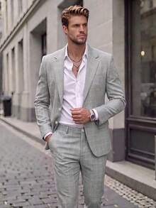 Setelan Jas Pria 2 Potong Motif Kotak-kotak Kancing Tunggal, Blazer dan Celana, Cocok untuk Musim Semi, Musim Panas, Musim Gugur, Kasual, Bisnis, dan Perjalanan. - Grey - View 1