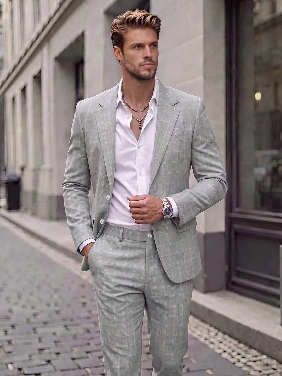 Setelan Jas Pria 2 Potong Motif Kotak-kotak Kancing Tunggal, Blazer dan Celana, Cocok untuk Musim Semi, Musim Panas, Musim Gugur, Kasual, Bisnis, dan Perjalanan. - Grey - View 1