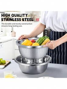 2pcs/24CM Diameter Extra Thick Large Capacity Stainless Steel Micro-Perforated Colander Set - Multi-Purpose Strainer And Mixing Bowl, For Washing Vegetables, Fruits, Rice And Draining Pasta, Dishwasher And Rust-Proof - One Size - View 3