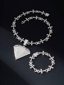 Iced Out Thorn Cross Chain Necklace & Bracelet Set, Full Rhinestone Diamond Shape Pendant Hip Hop Jewelry Set For Men,Party Club Daily Wear - Hip Hop Cross Thorn Set - View 3