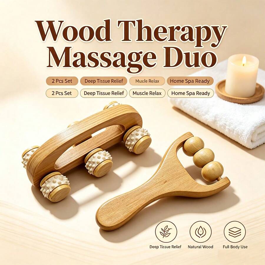 Natural Wooden Therapy Massage 2-Piece Set, Manual Wooden Roller Massager, Portable Body Shaping Tool, Relieve Shoulder, Waist, Thigh Muscle Soreness, Home Self-Use Massage - Set - View 1