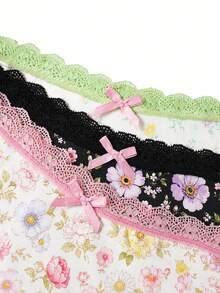 Aesletic 3 Packs Ditsy Floral Women Panties, Bow Decor Lace Trim Briefs Underwear Set - Multicolor - View 6