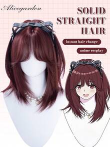 alicegarden 18-Inch Long Synthetic Wig Featuring A Natural Straight Style A Stunning Burgundy. Designed With Bangs , This False Hairpiece Is Perfect For Ms Daily Party Cosplay Use, Offering A Natural And Natural Durable Wig Gift For Ladies. (No Accessories), Halloween - Burgundy - View 2