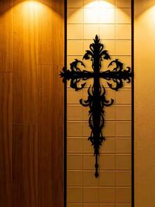 2D Flat, 1pc Gothic Cross Wall Decor Suitable For Plastic Surfaces, Acrylic Gothic Cross Panel With Gothic Mural - Self-Stick Installation For Home, Church, Fence Decoration, Religious Gift For Christmas & Easter, 2D Flat - Black - View 4