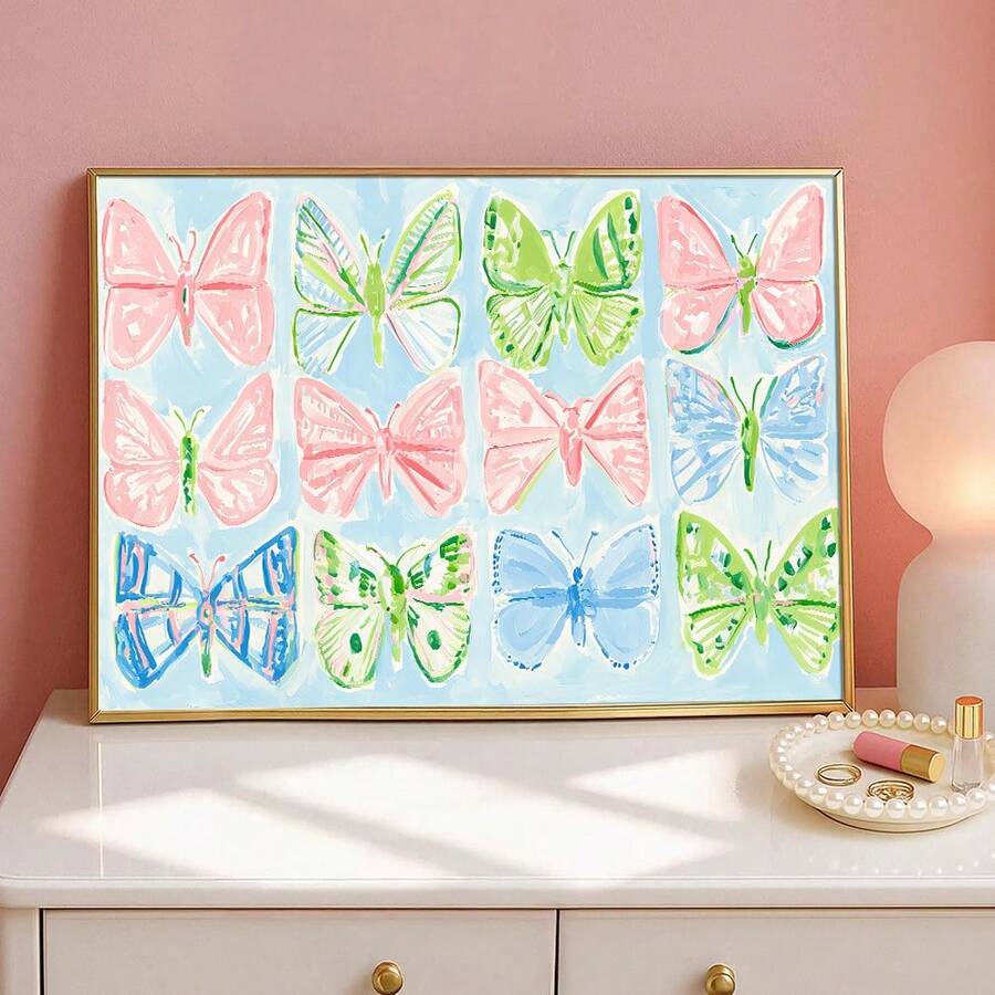1 pièce Affiche sur canevas papillon aquarelle colorée avec ou sans cadre, ailes de papillon abstraites fantaisistes, style Grandmillennial preppy, impression d'art mural esthétique pour chambre d'adolescente, dortoir, salon, chambre à coucher, décoration de maison moderne - A - Voir 1