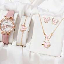Children's Watch & Bracelet Set, Butterfly Matte Strap Watch + Butterfly Bracelet Set, Suitable For Birthday Gift, Halloween Gift, 6pcs/Set (Without Box) - Pink - View 3