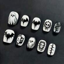 10pcs Halloween Wearable Nails Black & White Ghost Face Spider Web Skull Bat Horror Style Short Square False Nail Tips - Blue and White - View 12
