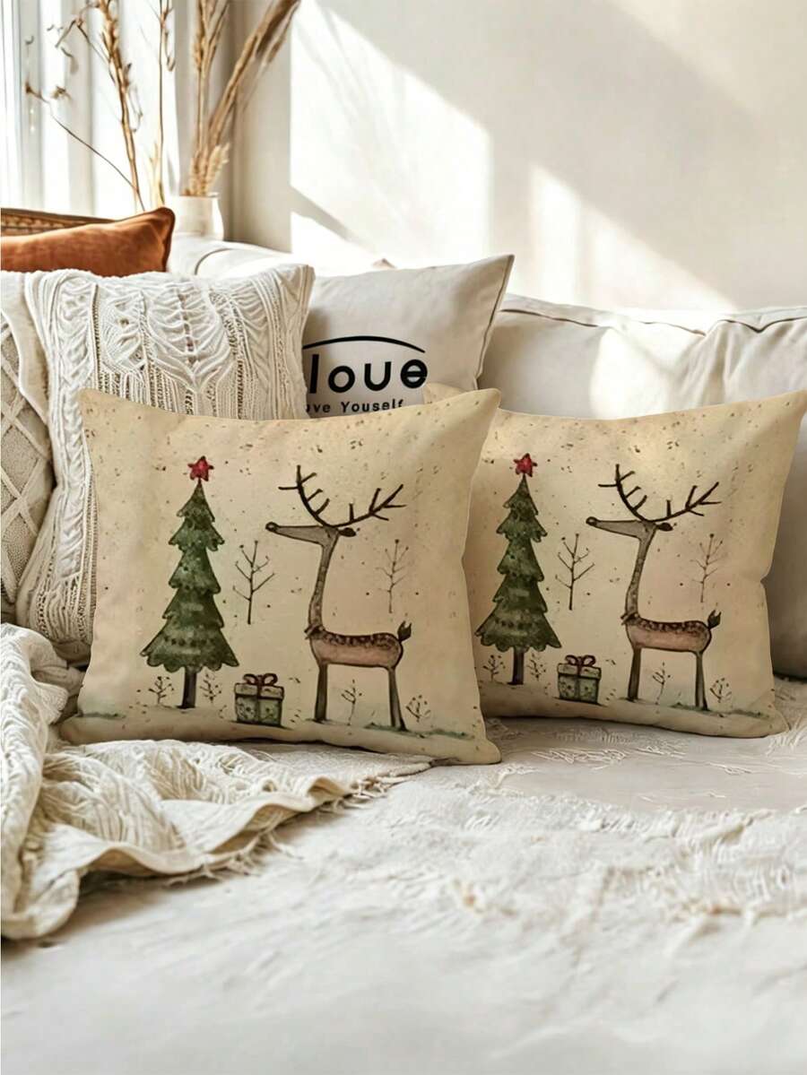 1/2/4Pcs Featuring A Deer And Tree Design In Beige And Green, Perfect For Holiday Decor. They Come With A Zipper Closure, Are Machine Washable, And Ideal For Sofa And Home Decoration - Apricot - View 1