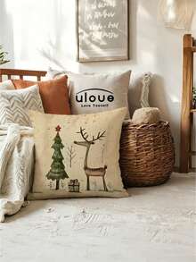 1/2/4Pcs Featuring A Deer And Tree Design In Beige And Green, Perfect For Holiday Decor. They Come With A Zipper Closure, Are Machine Washable, And Ideal For Sofa And Home Decoration - Apricot - View 7