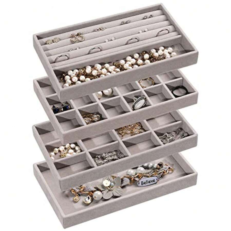 Velvet Jewelry Tray, Set Of 4 Drawer Jewelry Organizer And Storage Stackable Jewelry Box, Jewelry Case For Rings, Necklace And Studs, Earring Drawer - Grey - View 1