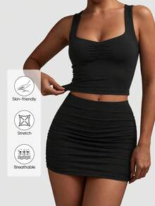 Women's Solid Color Ruched Bodycon Camisole And Mini Skirt Set - Black - View 5