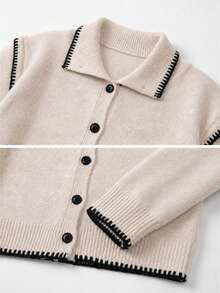 Wixra Women's Contrast Stitch Button Stand Collar Knit Cardigan, Loose Soft Warm Sweater Jacket - Apricot - View 6