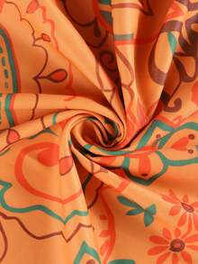 Blusa de mujer talla grande con estampado, mangas con volantes y cuello en V, estampado aleatorio (estampado aleatorio, sin posición fija en la parte delantera y trasera) - Naranja Quemada - Ver 6