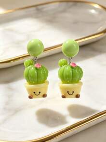 1 Pair Cartoon Cute Resin Cactus Earrings, Personalized Exaggerated Versatile Fashion Sweet Quirky, Suitable For Girls Dating, Vacation, Party, Gathering Outfit Wear - Multicolor - View 6